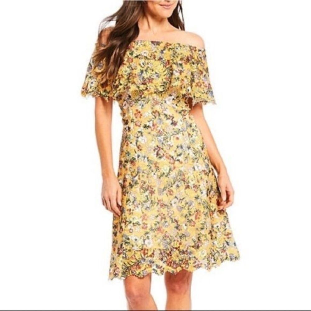 New ALEX MARIE Yellow Floral Lace Off The Shoulder Midi Dress Fit & Flare Size 2
